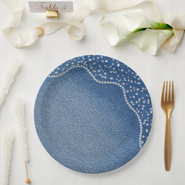 Assiettes En Carton Jean Bleu En Denim Diamant  (Mariage)