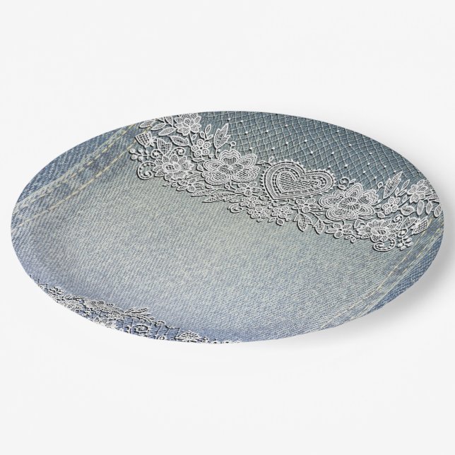 Assiettes En Carton Jean en Denim Bleu et Broderie Cardiaque Blanche p (Angle)