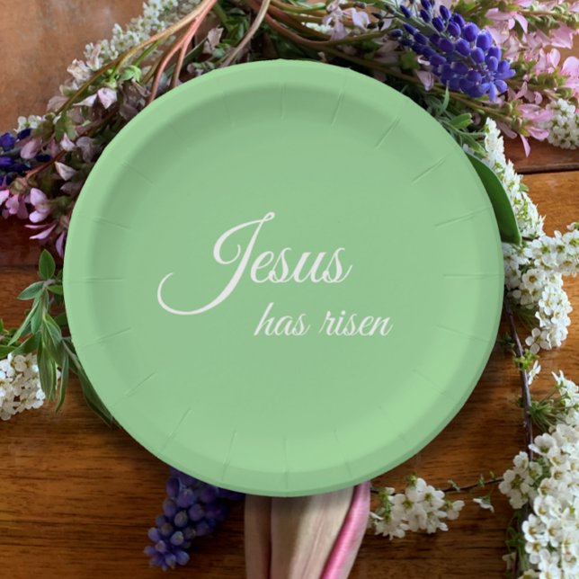 Assiettes En Carton Jésus Est Devenu Élégant Vert Pâques Chrétiennes (Jesus has risen custom elegant script on mint green paper plates. Easter Christian party table set.
)