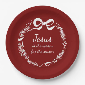 Assiettes En Carton Jesus is the Reason | Hand Drawn Bow Red Christmas