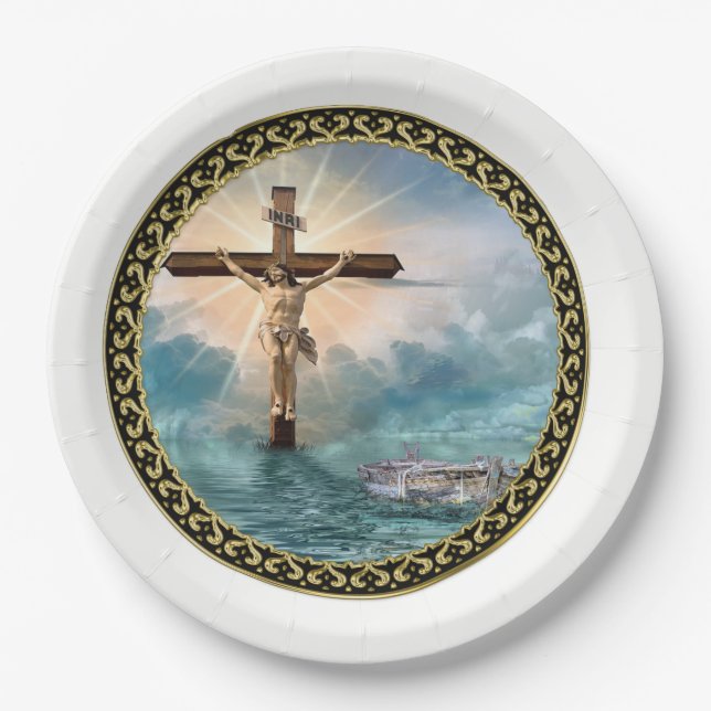 Assiettes En Carton Jésus suspendu à une croix de crucifixion chrétien (Devant)