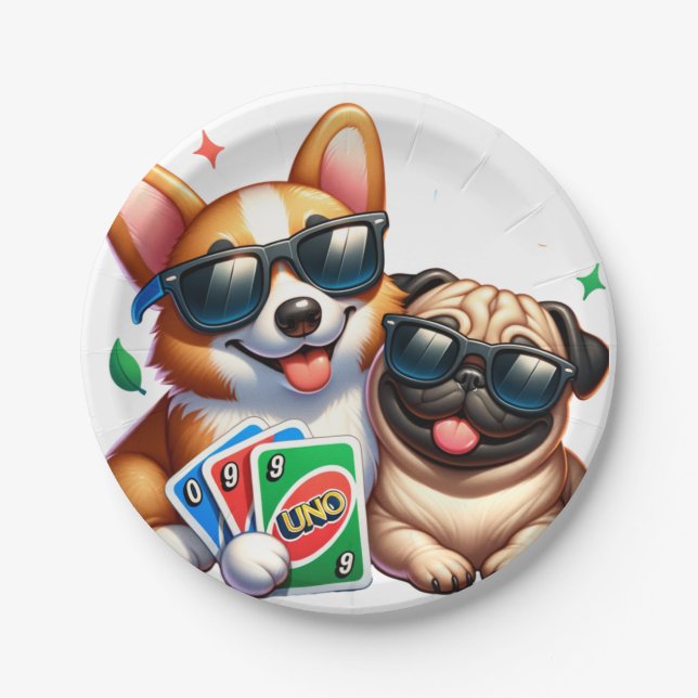 Assiettes En Carton Jeu de cartes Corgi et Carlin Uno (Devant)
