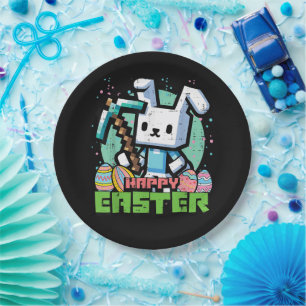 Assiettes En Carton Jeu de pixels de lapin de Pâques heureux 