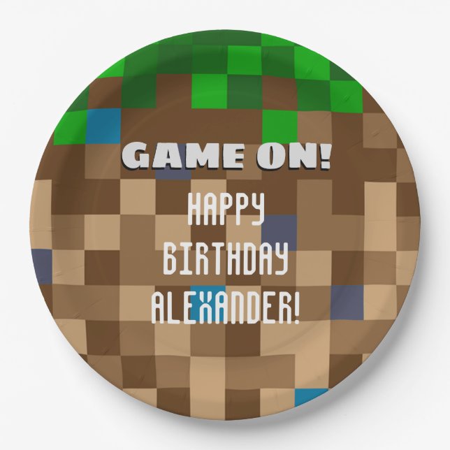 Assiettes En Carton Jeu Sur Pixeleleled Bloc D'Herbe Jeu Anniversaire (Devant)