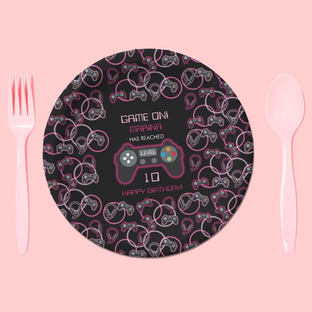 Assiettes En Carton Jeu vidéo Neon Rose Girls Anniversaire (Video Game Neon Pink Girls Birthday Party Paper Plates)