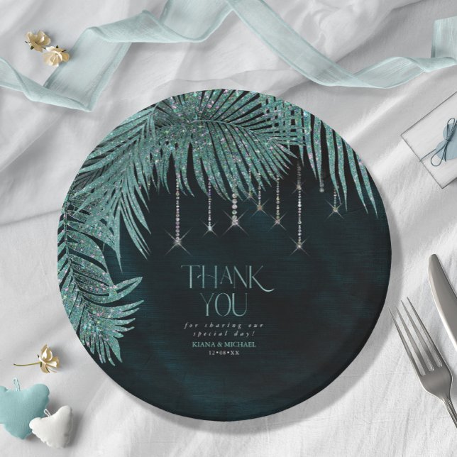 Assiettes En Carton Jewel Palm Leaf Mariage Teal V2 ID830 (Créateur téléchargé)