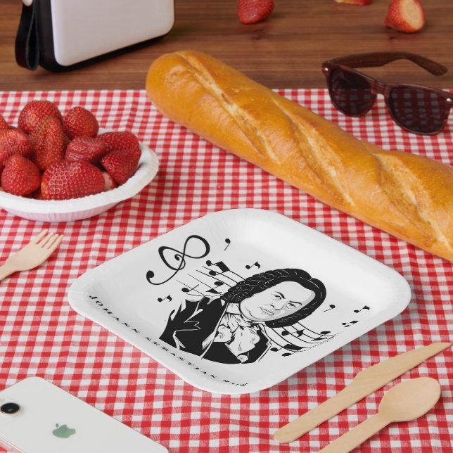 Assiettes En Carton Johann Sebastian Bach Portrait et buste avec notes (Pique-nique)