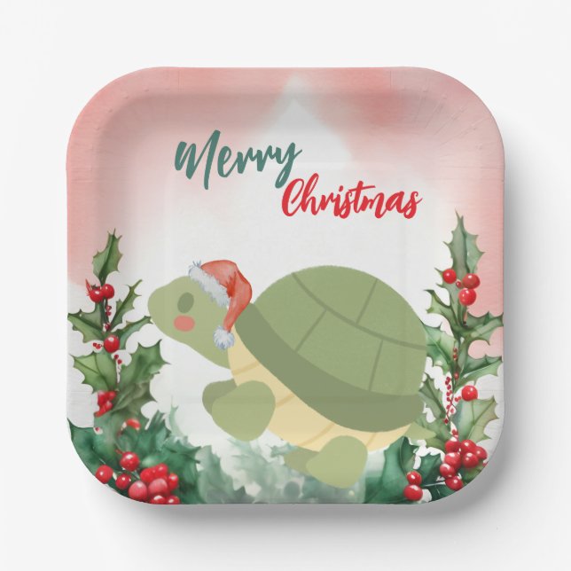 Assiettes En Carton Joie Rouge Joyeux Noël tortue Père Noël fête de No (Recto)