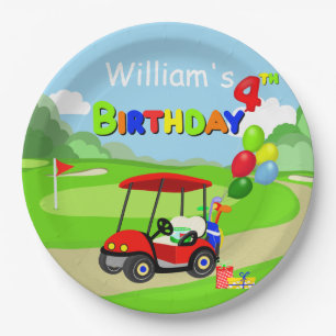 Assiettes En Carton Joli 4e anniversaire Red Golf Cart Boy's