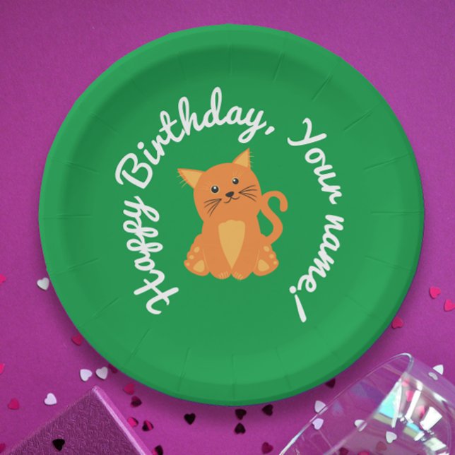 Assiettes En Carton Joli Anniversaire Avec Chaton Orange Sur Vert (Créateur téléchargé)