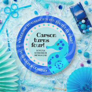 Assiettes En Carton Joli anniversaire Boy Blue Seahorse sur les vagues