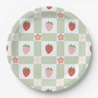 Assiettes En Carton Joli Anniversaire Gingham Fraise Pastel Vert 1 an