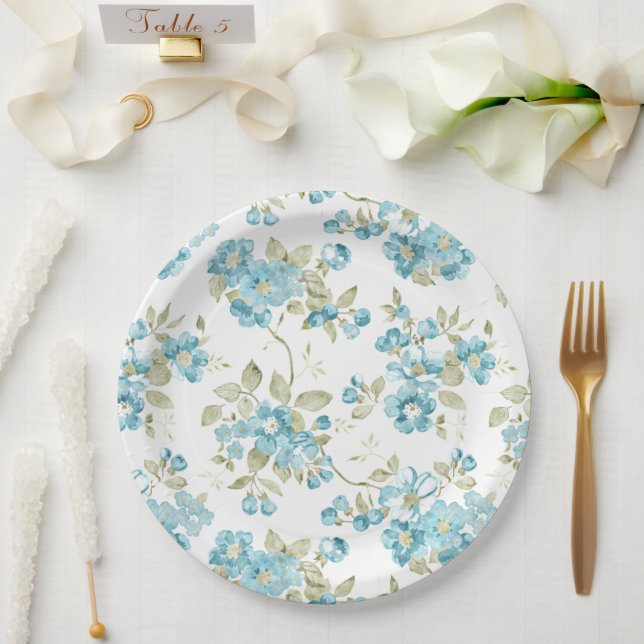 Assiettes En Carton Joli aquarelle floral vert olive aqua turquoise (Mariage)