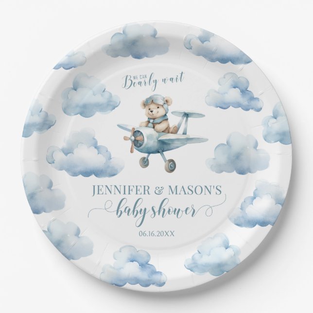 Assiettes En Carton Joli avion en peluche ours baby shower plaques en  (Devant)
