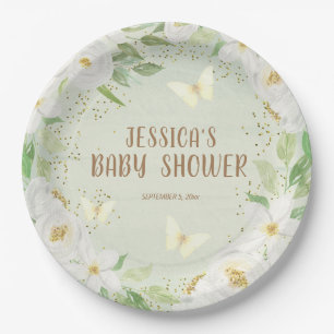 Assiettes En Carton Joli Baby shower de Jardin vert Fleurs blanches