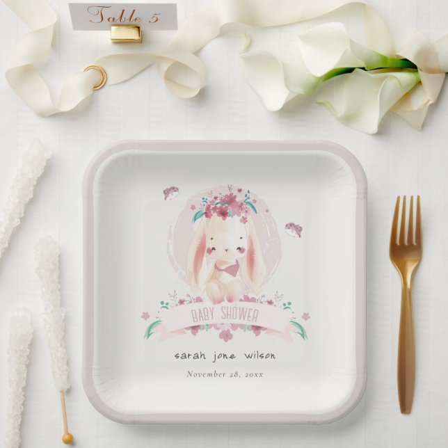 Assiettes En Carton Joli Baby shower de lapin et d'oiseaux rose et élé (Mariage)
