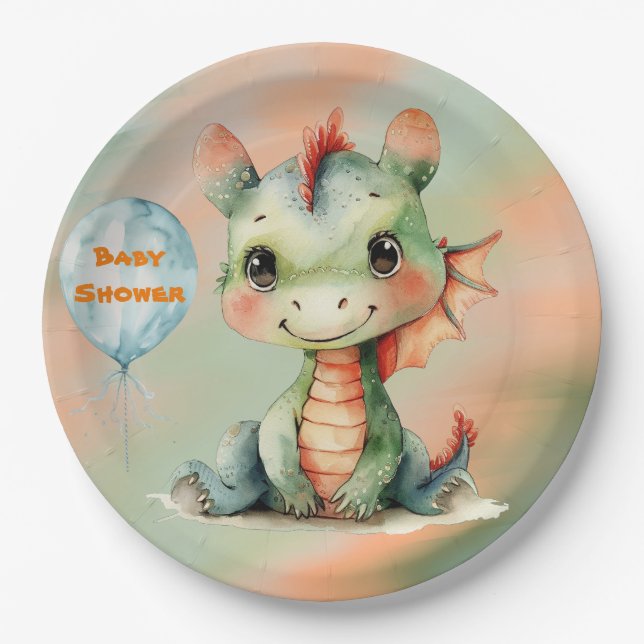 Assiettes En Carton Joli Baby shower Dragon Orange Vert (Devant)