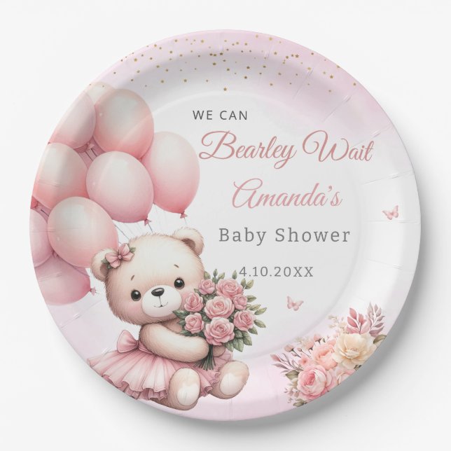 Assiettes En Carton Joli Baby shower Fille Ours En Teddy Rose floral (Devant)