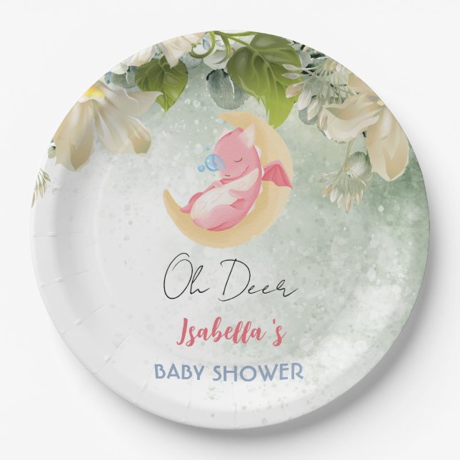 Assiettes En Carton Joli baby shower fleur sauvage de dinosaure dragon (Devant)