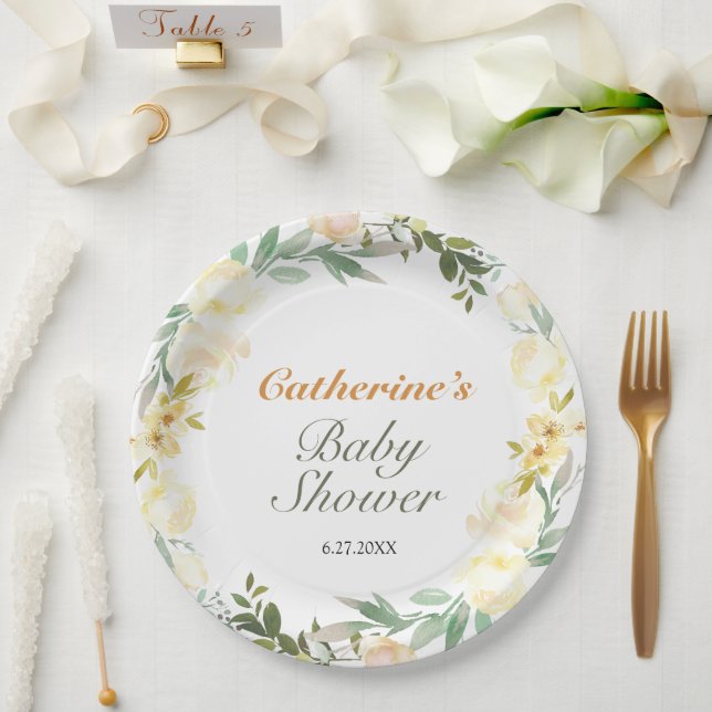 Assiettes En Carton Joli Baby shower floral d'aquarelle jaune (Mariage)