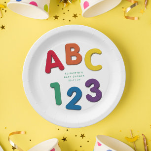 Assiettes En Carton Joli baby shower neutre ABC 123 coloré