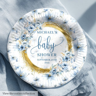 Assiettes En Carton Joli bleu poussiéreux fleurs or boho personnalisé