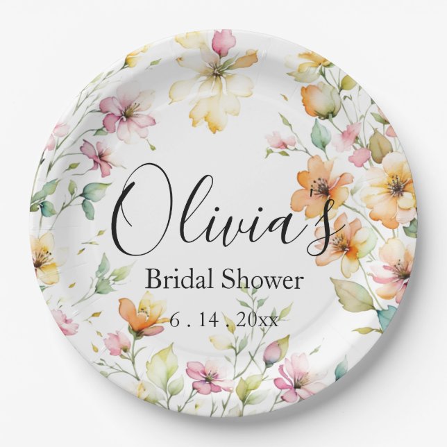 Assiettes En Carton Joli Boho Orange rose Aquarelle Fleurs sauvages (Devant)