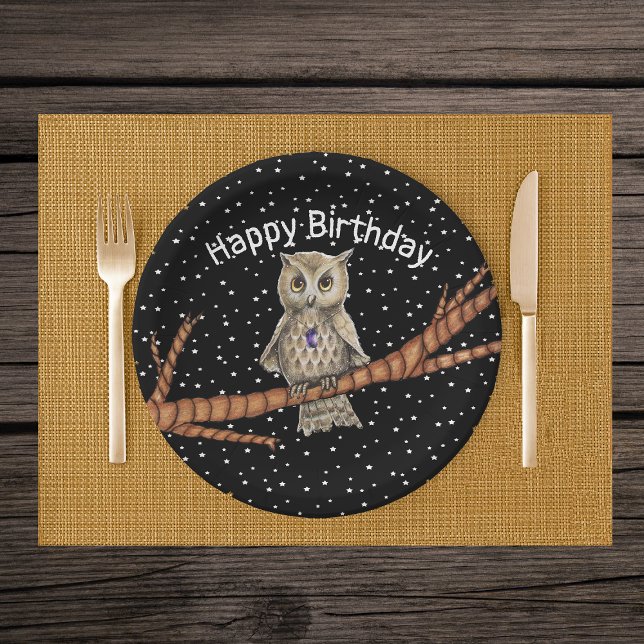 Assiettes En Carton Joli Brown Chouette d'anniversaire Collier en cris (Brown owl pretty eyes on branch in black night sky white stars crystal necklace paper party plates.)