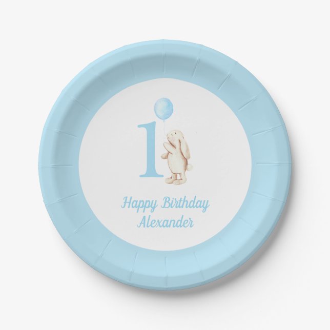 Assiettes En Carton Joli Bunny & Balloon bleu Joyeux Anniversaire 1er (Devant)