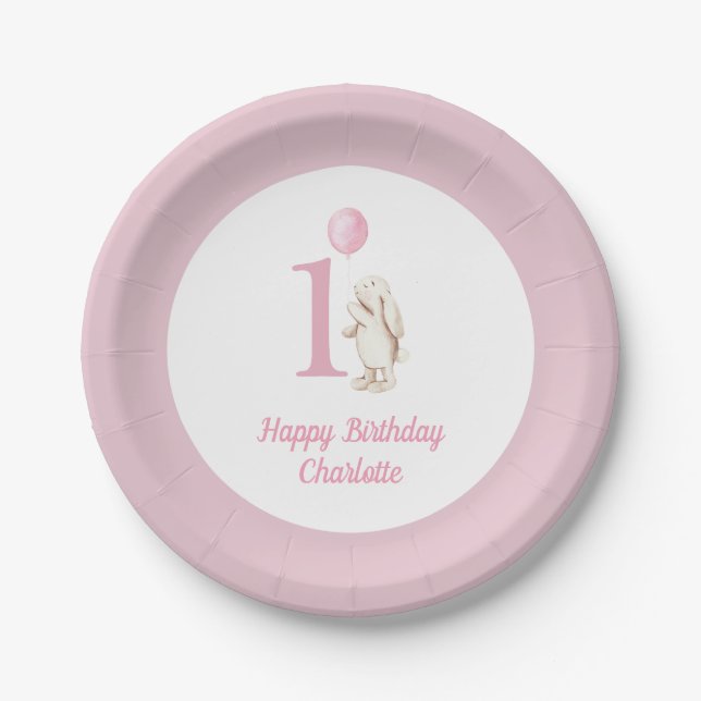 Assiettes En Carton Joli Bunny & Balloon rose joyeux anniversaire 1er (Devant)