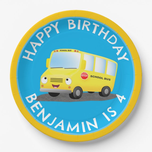 Assiettes En Carton Joli bus scolaire jaune joyeux anniversaire person (Devant)