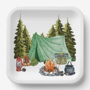 Assiettes En Carton Joli Camping Thème Feu de Campement, Tente, Forêt