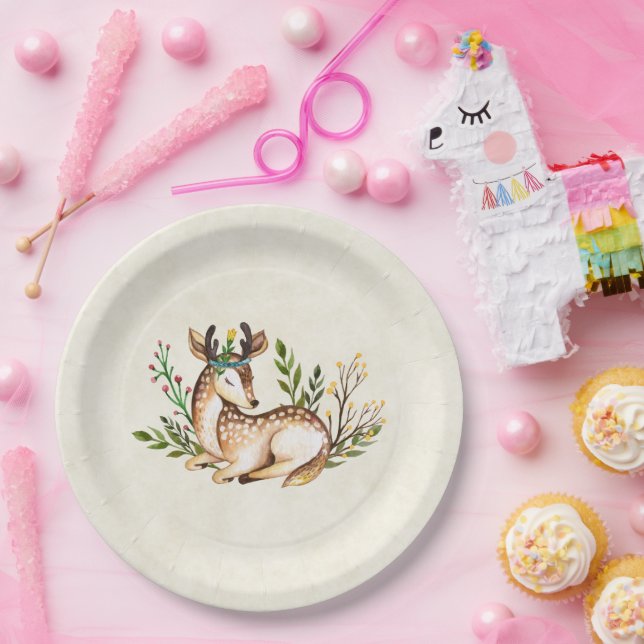 Assiettes En Carton Joli Cerf Aquarellé Posé En Bas Boho (Fête)