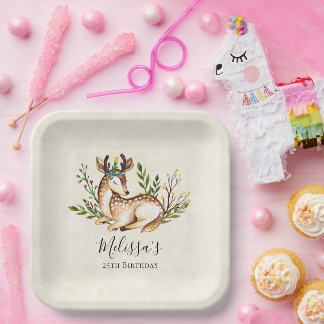 Assiettes En Carton Joli Cerf Aquarellé Pose En Bas Boho Anniversaire (Fête)