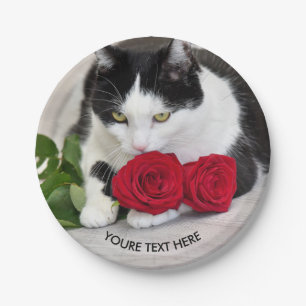 Assiettes En Carton Joli chat avec la rose rouge