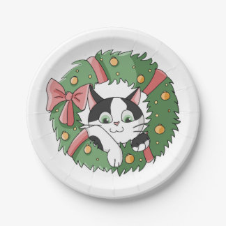 Assiettes En Carton Joli chat de dessin animé dans une couronne de Noë