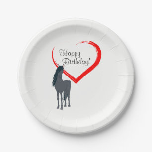 Assiettes En Carton Joli Cheval Noir et Coeur Rouge Joyeux anniversair