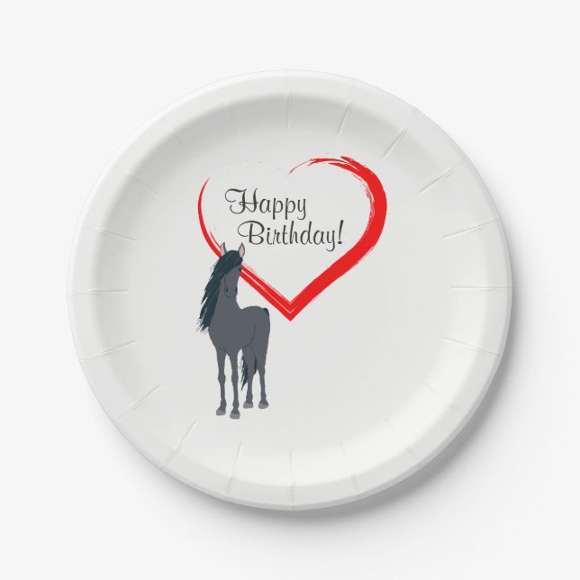Assiettes En Carton Joli Cheval Noir et Coeur Rouge Joyeux anniversair (Devant)