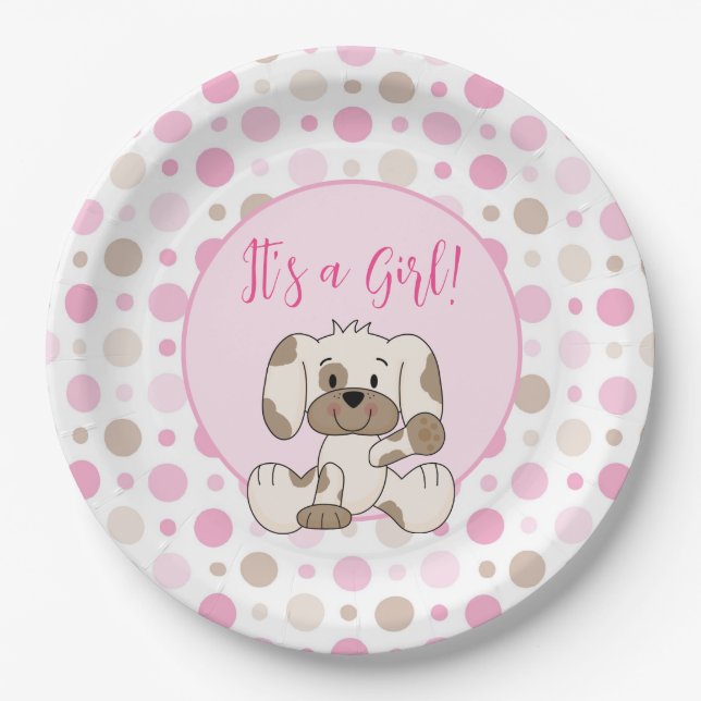 Assiettes En Carton Joli Chien Chien Rose Polka Baby shower (Devant)