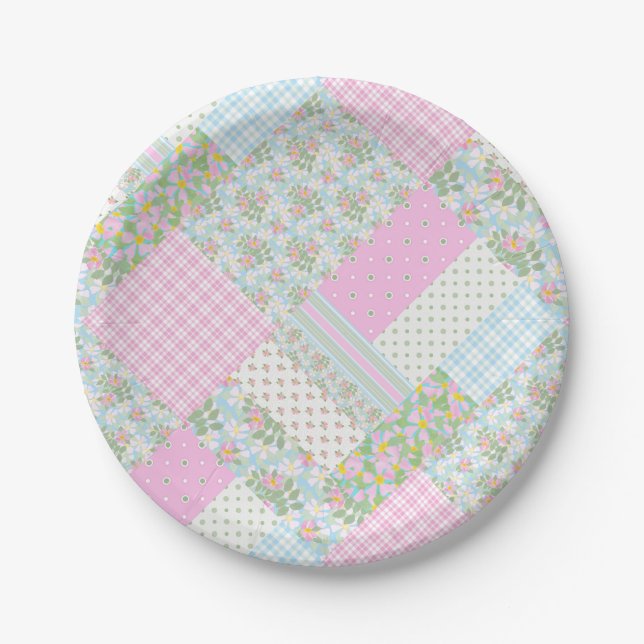 Assiettes En Carton Joli chien rose Rose Faux Patchwork Papier Plaque (Devant)