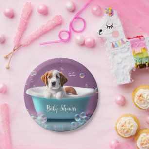 Assiettes En Carton Joli chiot dans une baignoire avec bulles de savon