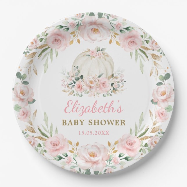 Assiettes En Carton Joli Citrouille Blush rose Floral Wreath Baby Girl (Devant)