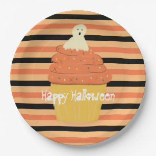 Assiettes En Carton Joli Cupcake Fantôme Halloween Orange Rayures Noir
