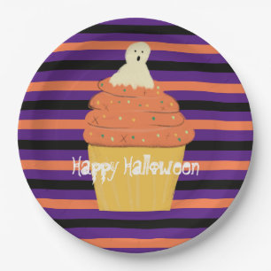 Assiettes En Carton Joli Cupcake Fantôme Halloween Orange Rayures Noir