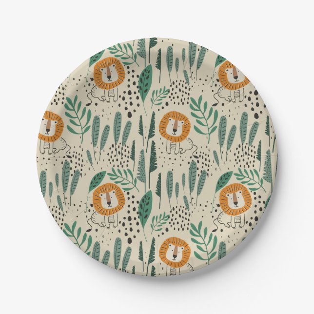Assiettes En Carton Joli Doodle Lion Jungle Rainforest Motif (Devant)