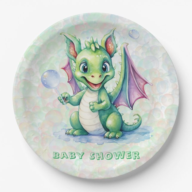 Assiettes En Carton Joli Dragon vert avec Baby shower de garçon Bubble (Devant)