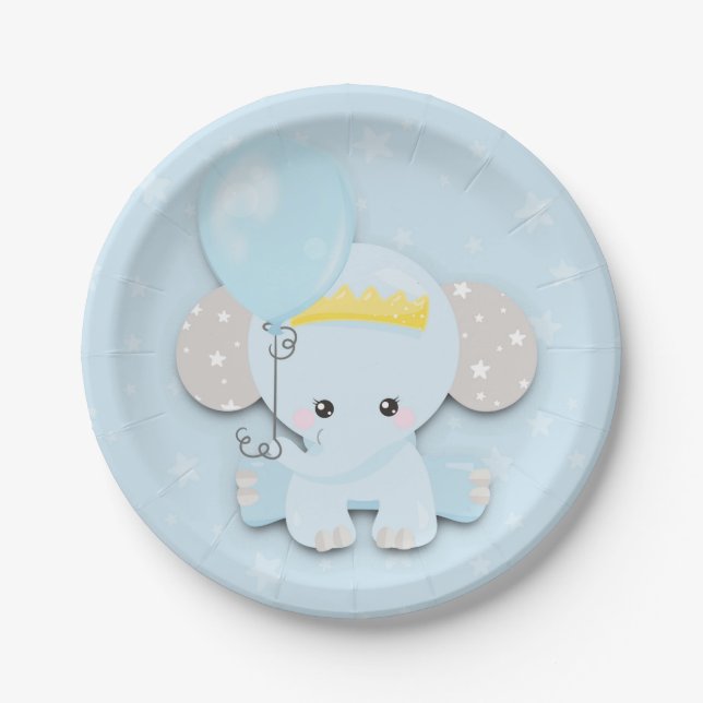 Assiettes En Carton Joli Elephant Blue Stars Baby shower garçon (Devant)