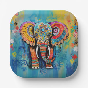 Assiettes En Carton Joli éléphant coloré Funky Mélange Média Animal