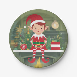 Assiettes En Carton Joli elfe de Noël sur étagère Plaque de papier ron