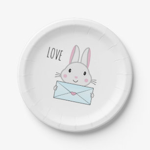 Assiettes En Carton Joli et adorable lapin tenant une lettre d'amour